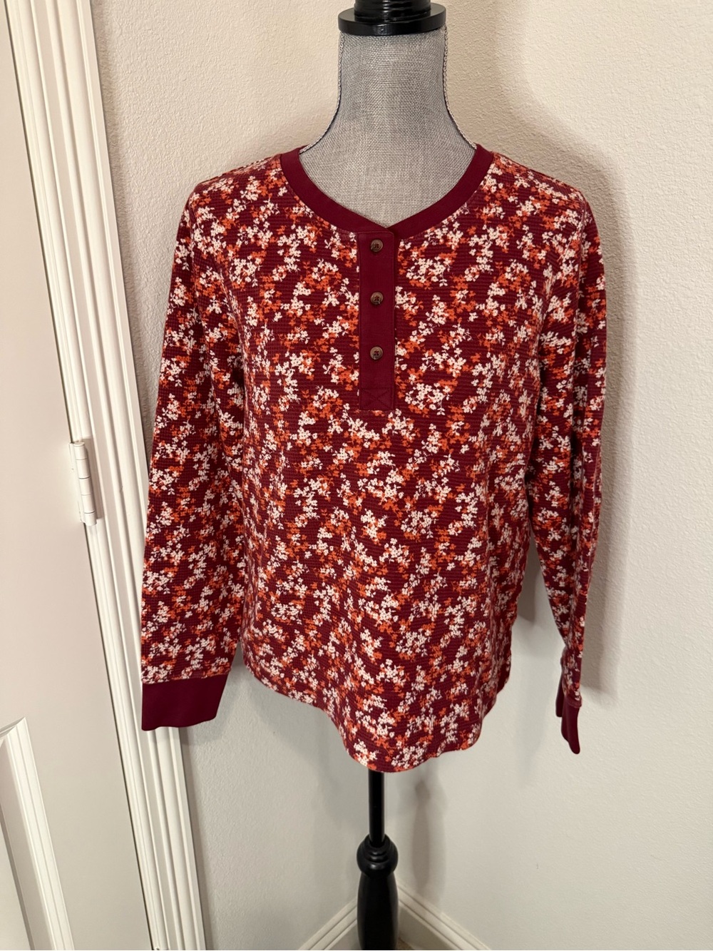 Lands' End Maroon-Trim Waffle Knit Henley